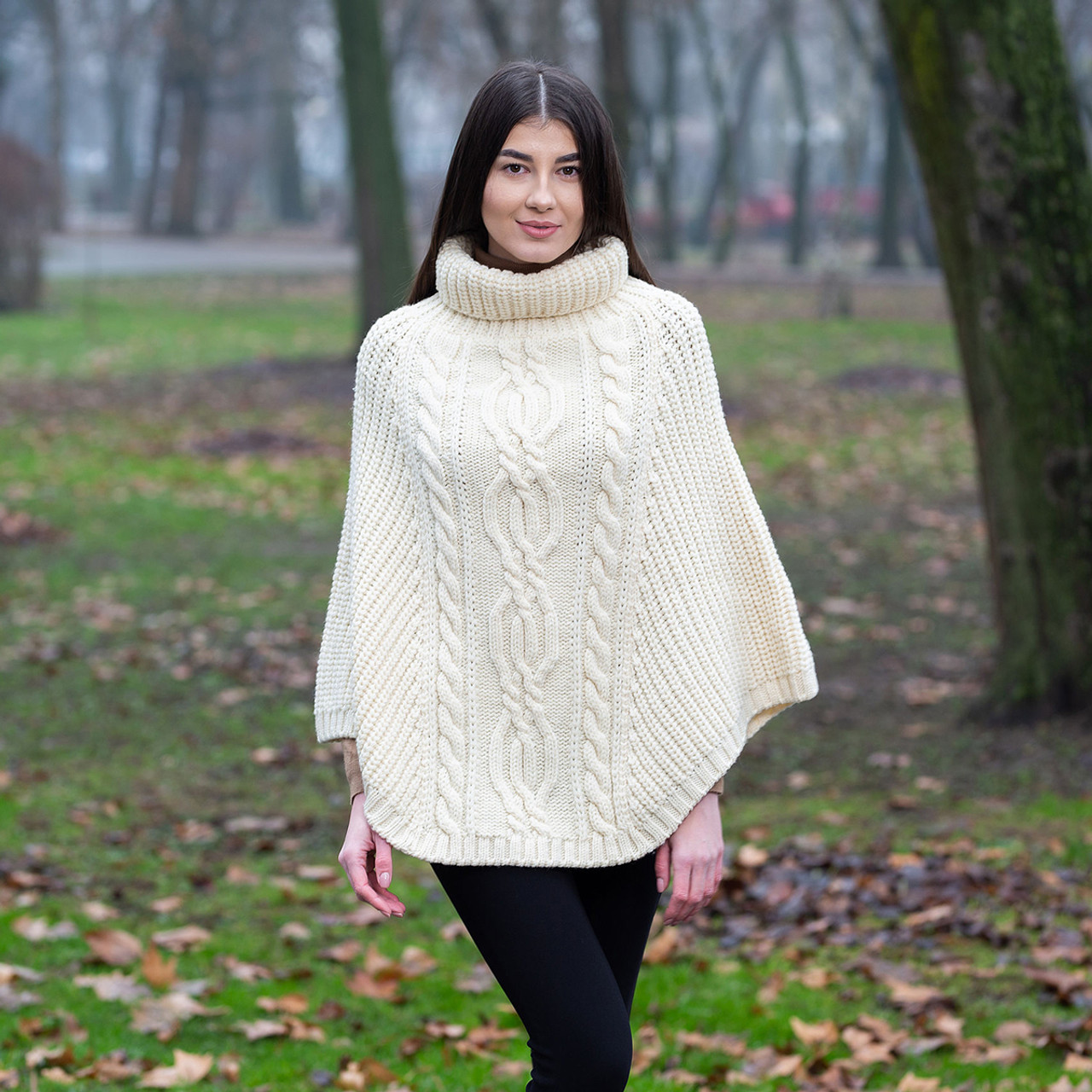 Aran Cowl Neck Merino Wool Poncho | Irish Cable Knit Shawl