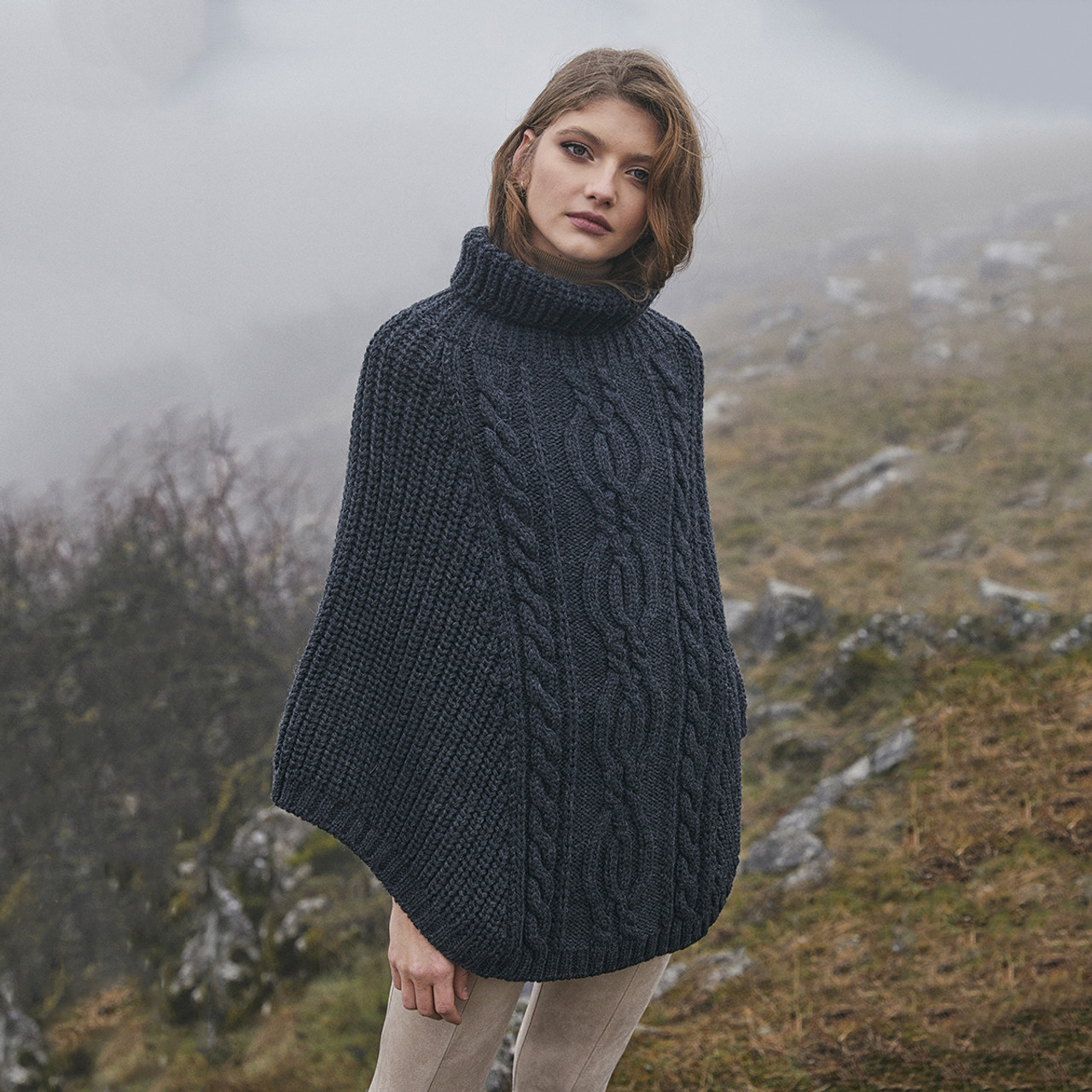 Aran Cowl Neck Merino Wool Poncho | Irish Cable Knit Shawl