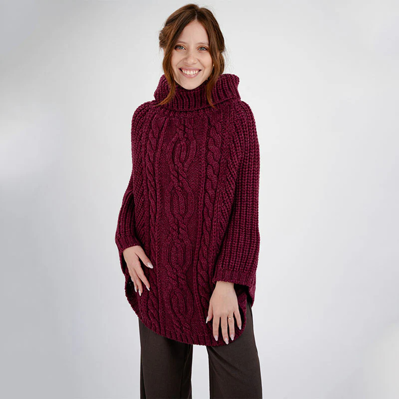 Aran Cowl Neck Merino Wool Poncho | Irish Cable Knit Shawl