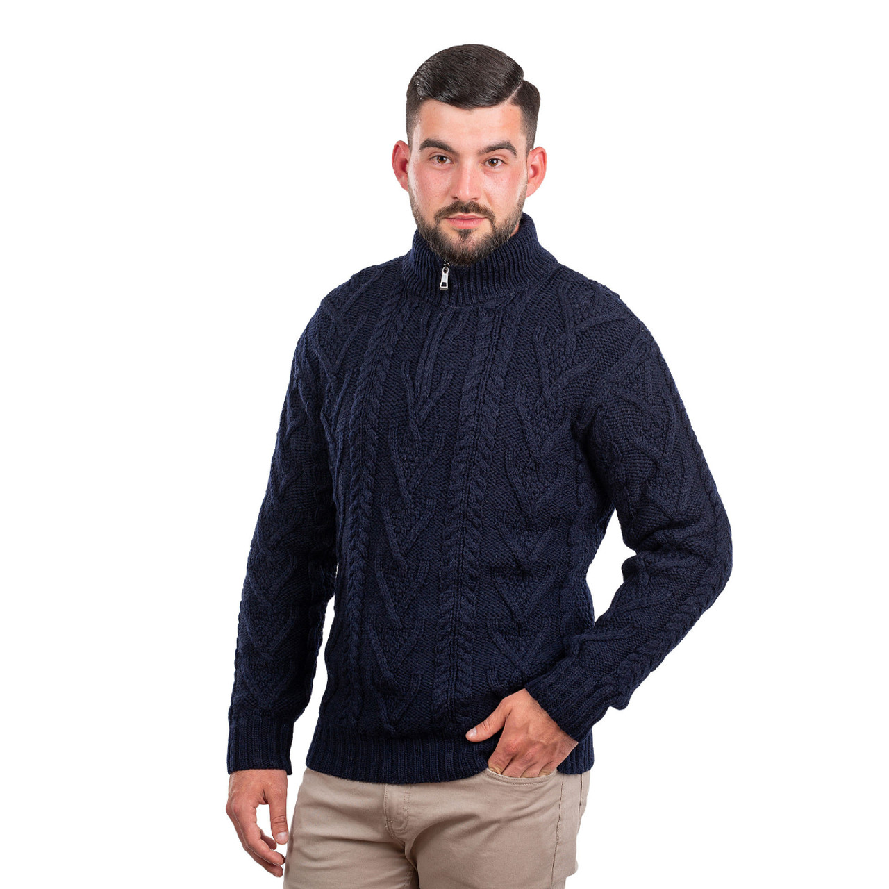 Merino Wool Aran Knit Men's Zip Sweater