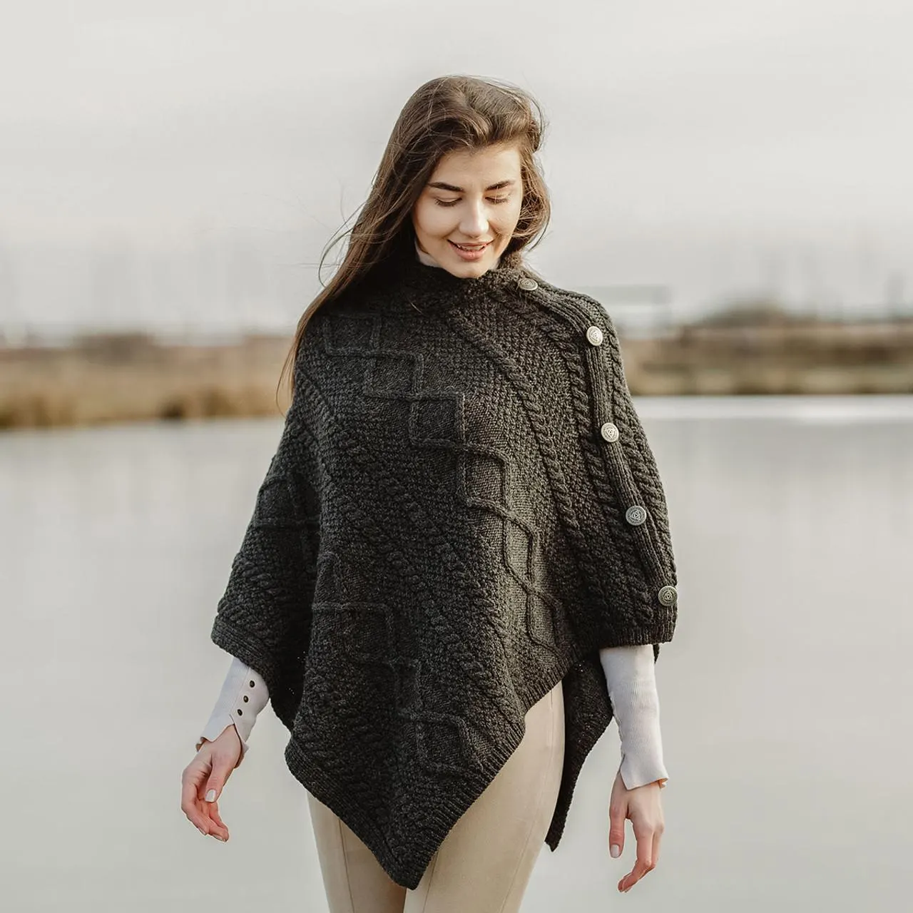 Merino Wool Cable Stitch Cowl Neck Poncho | Celtic Buttoned Irish Wrap