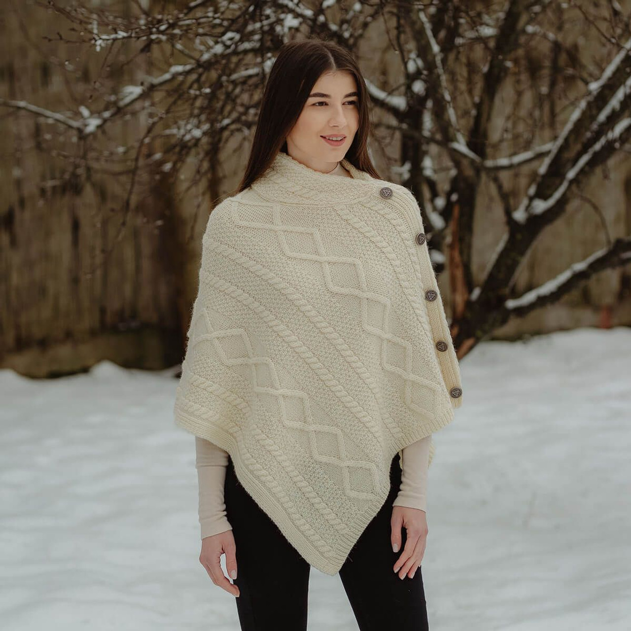 Merino Wool Cable Stitch Cowl Neck Poncho | Celtic Buttoned Irish Wrap