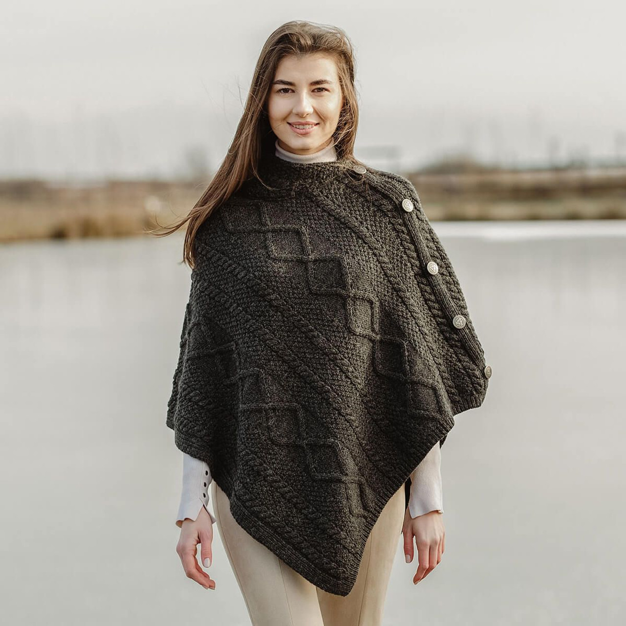 Merino Wool Cable Stitch Cowl Neck Poncho | Celtic Buttoned Irish Wrap