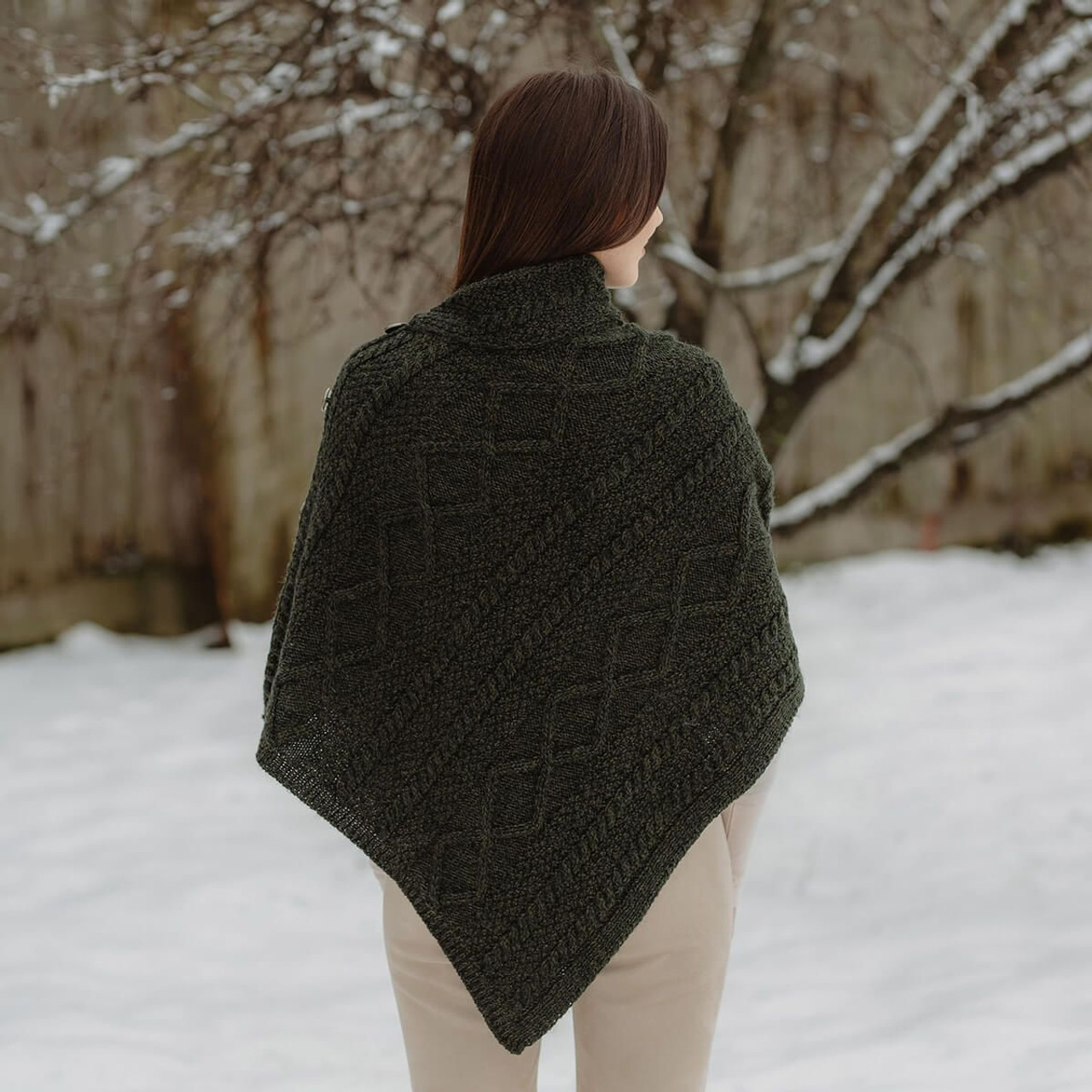 Merino Wool Cable Stitch Cowl Neck Poncho | Celtic Buttoned Irish Wrap