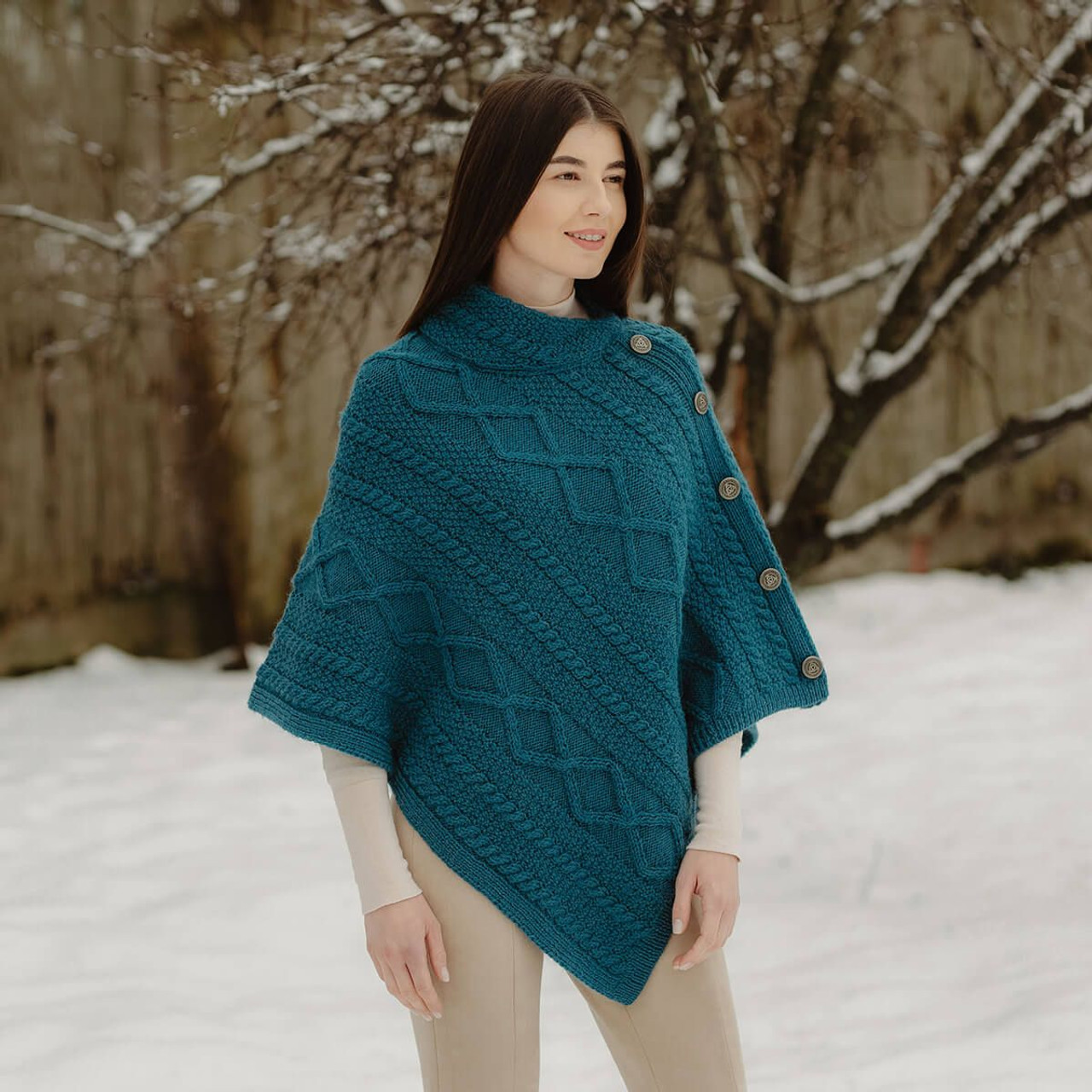 Merino Wool Cable Stitch Cowl Neck Poncho | Celtic Buttoned Irish Wrap
