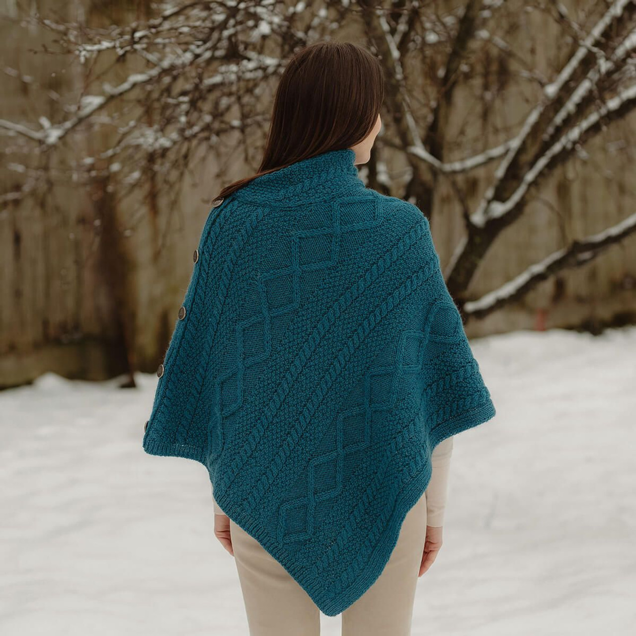 Merino Wool Cable Stitch Cowl Neck Poncho | Celtic Buttoned Irish Wrap