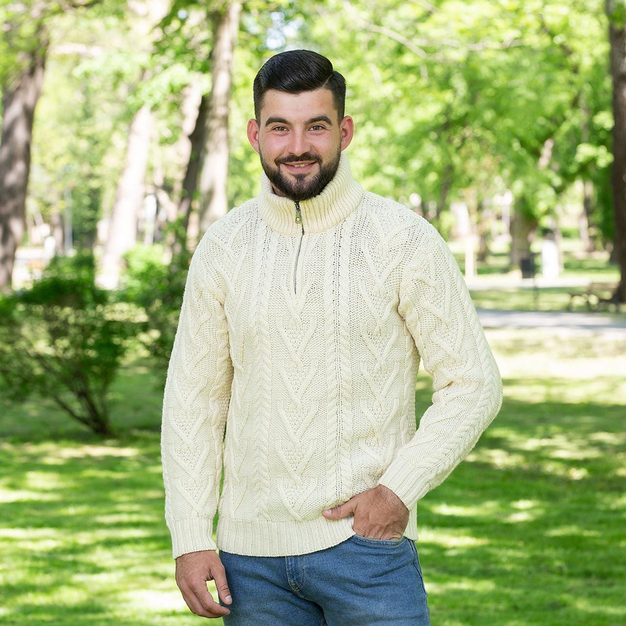 Merino Wool Aran Knit Men's Zip Sweater