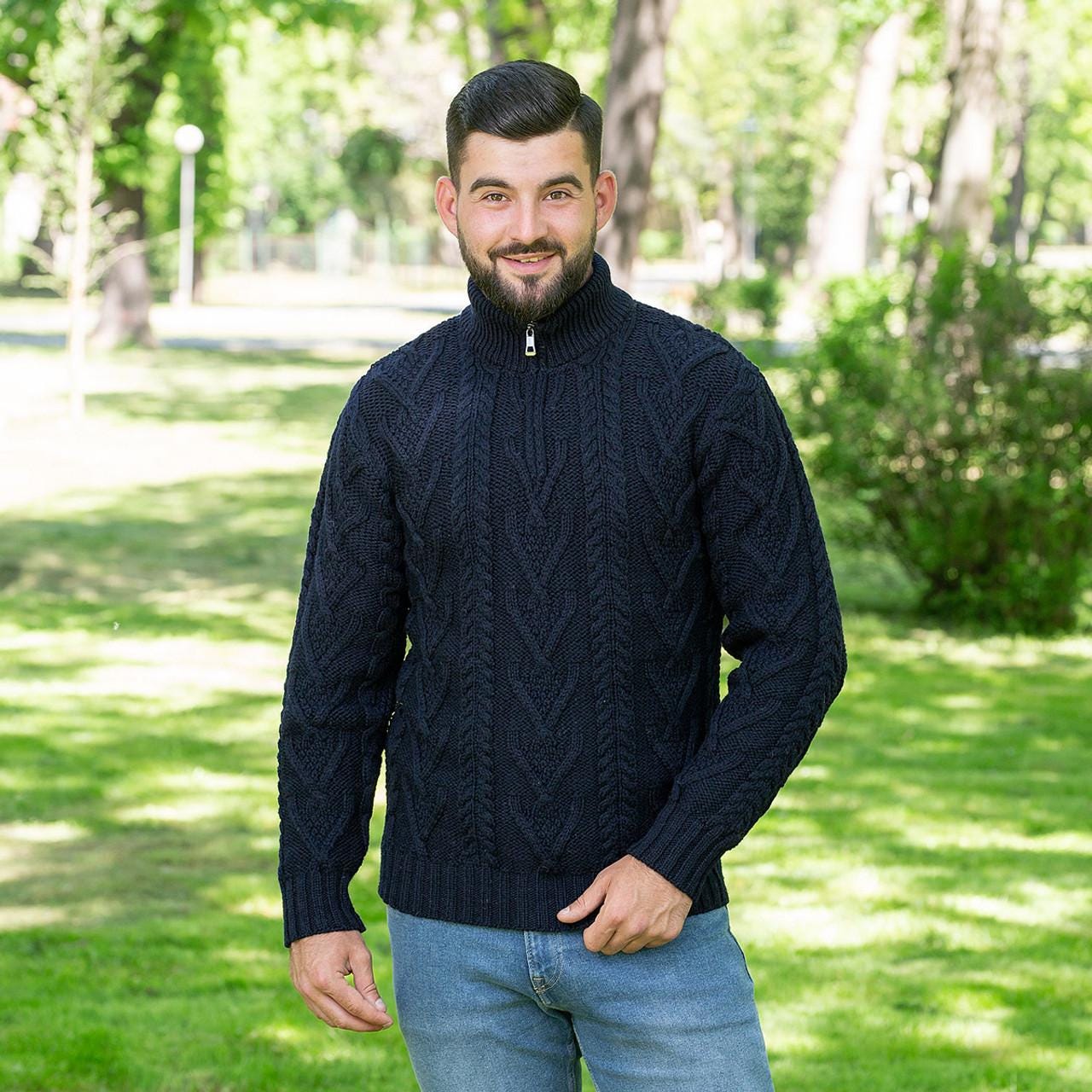 Merino Wool Aran Knit Men's Zip Sweater
